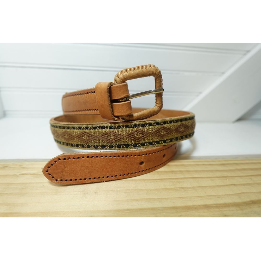 Vintage Handmade Leather Belt Tapestry Boho Woven Pattern Western Size 38